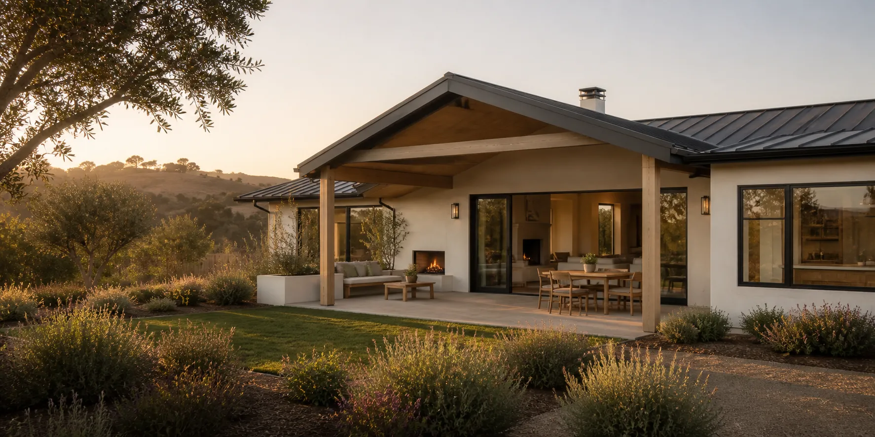 Covered rear terrace and native garden at sunset with rolling hills beyond