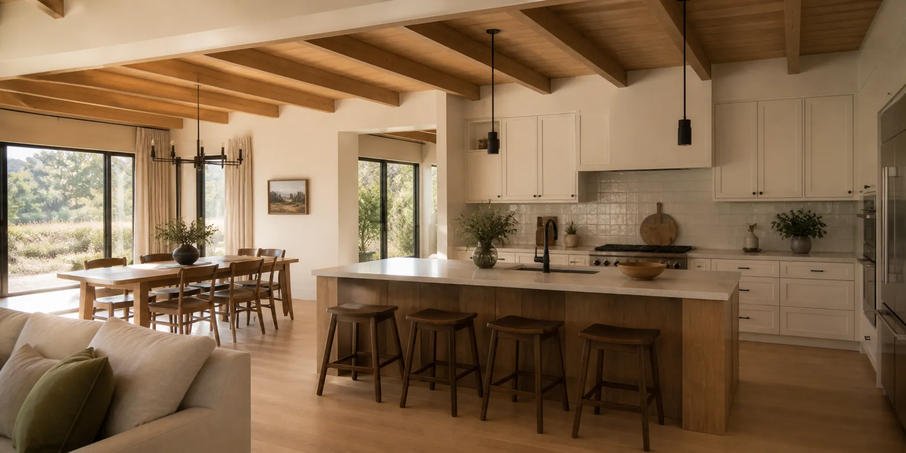 Open kitchen with white-oak island, ivory cabinetry and an adjoining dining area