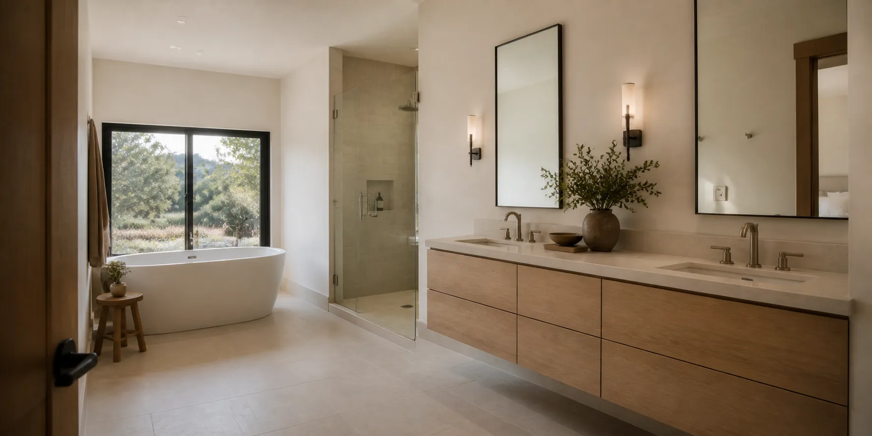 Primary bathroom with oak double vanity, soaking tub and glass walk-in shower