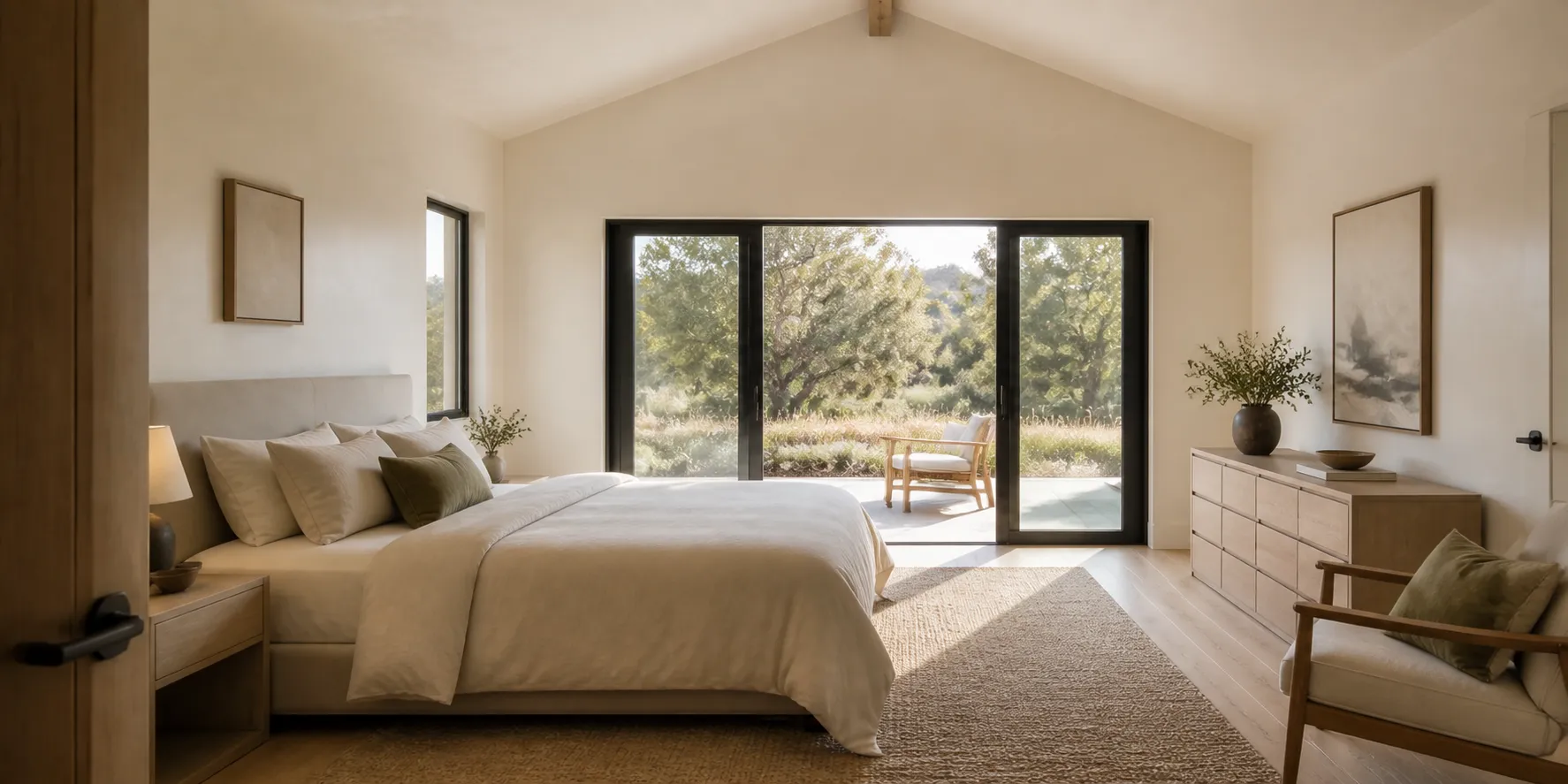 Serene primary bedroom with linen bedding and glass doors opening to a garden patio